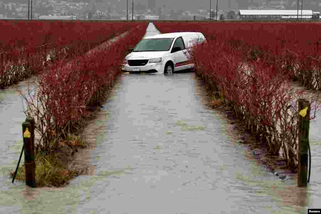 A restoration company vehicle sits in a flooded field after rainstorms lashed the western Canadian province, triggering landslides and floods, shutting highways, in Abbotsford, British Columbia, Canada, Nov. 30, 2021.