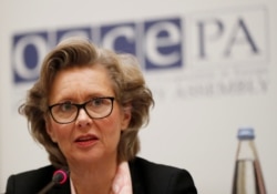 FILE - The OSCE's Margareta Cederfelt speaks during a news conference in Tbilisi, Georgia, Nov. 29, 2018.