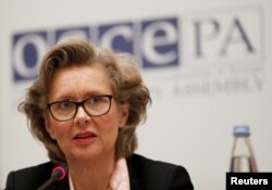 FILE - The OSCE's Margareta Cederfelt speaks during a news conference in Tbilisi, Georgia, Nov. 29, 2018.