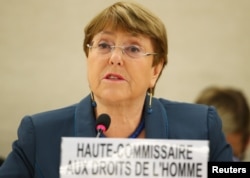 FILE - United Nations High Commissioner for Human Rights Michelle Bachelet speaks at a session of the Human Rights Council, at the United Nations in Geneva, Switzerland, Feb. 27, 2020.