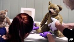 Gallery stylists position antique Winnie the Pooh bears while preparing the "Winnie-the-Pooh: Exploring a Classic" exhibit at the Museum of Fine Arts in Boston, Sept. 13, 2018.