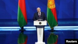 白俄罗斯总统卢卡申科在明斯克对议会、政府和全国发表年度讲话。(2023年3月31日)