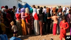 FILE - Displaced members of the Yazidi community line up for humanitarian aid at Nowruz camp, in Derike, Syria, Aug. 12, 2014. 