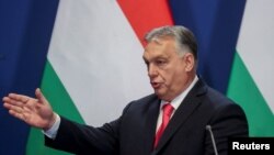 빅토르 오르반 헝가리 총리가 지난 16일 부다페스트에서 기자회견하고 있다. (자료사진)