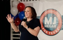 Democratic U.S. Senate candidate MJ Hegar speaks to supporters during her election night party in Austin, Texas, March 3, 2020.