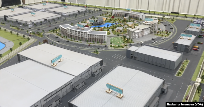 FILE - With the free economic zone on the border, the Uzbek government hopes to boost commerce with Afghanistan and expand regional trade. This Aug. 6, 2024, photo taken in Termez, Uzbekistan, shows a model of the zone.