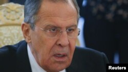 Menteri Luar Negeri Rusia Sergei Lavrov di Moskow, Rusia, 20 April 2018. 