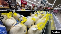 FILE - Turkeys are displayed for sale at a Jewel-Osco grocery store ahead of Thanksgiving, in Chicago, Illinois, Nov. 18, 2021. 