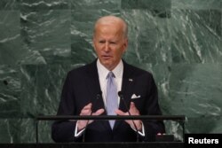 조 바이든 미국 대통령이 21일 뉴욕에서 진행된 제77차 유엔총회에서 연설하고 있다.