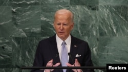 Le président américain Joe Biden s'adresse à la 77e session de l'Assemblée générale des Nations unies au siège de l'ONU à New York, États-Unis, le 21 septembre 2022.