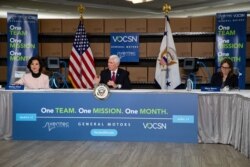 Vice President Mike Pence participates in a round table following a tour of the General Motors/Ventec ventilator production facility with GM CEO Mary Barra and Elaine Chao Secretary of Transportation in Kokomo, Ind., April 30, 2020.