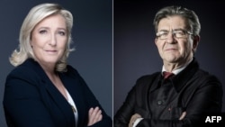 This combination of photographs created on June 16, 2024 shows French far-right party Rassemblement National (RN) party leader Marine Le Pen, left, on Oct. 20, 2021 and Jean-Luc Melenchon, candidate of the French left coalition "New Popular Front, on Jan. 24, 2017.