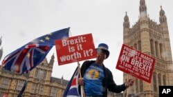 Seorang demonstran di depan parlemen London, 17 Oktober 2018. 