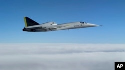 The Boom Supersonic's XB-1 aircraft breaks the sound barrier, Mach 1, during a test flight Tuesday, Jan. 28, 2025, over the Mohave Desert, Calif. (Boom Supersonic via AP)