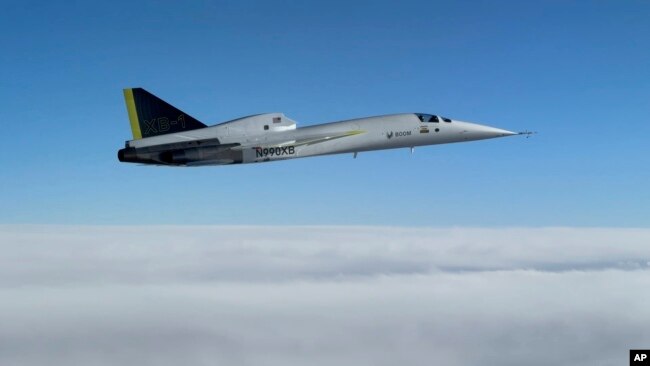 The Boom Supersonic's XB-1 aircraft breaks the sound barrier, Mach 1, during a test flight Tuesday, Jan. 28, 2025, over the Mohave Desert, Calif. (Boom Supersonic via AP)