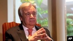 U.N. Secretary General Antonio Guterres speaks to The Associated Press, in Lahore, Pakistan, Tuesday, Feb. 18, 2020. Guterres said Tuesday that the coronavirus outbreak that began in China "is not out of control but it is a very dangerous situation…