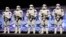 Redesigned stormtroopers appear onstage at the kick-off event of the Star Wars Celebration convention in Anaheim, California, April 16, 2015. 