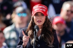 South Dakota Governor Kristi Noem speaks before former U.S. President and Republican presidential candidate Donald Trump takes the stage during a Buckeye Values PAC Rally in Vandalia, Ohio, on March 16, 2024.