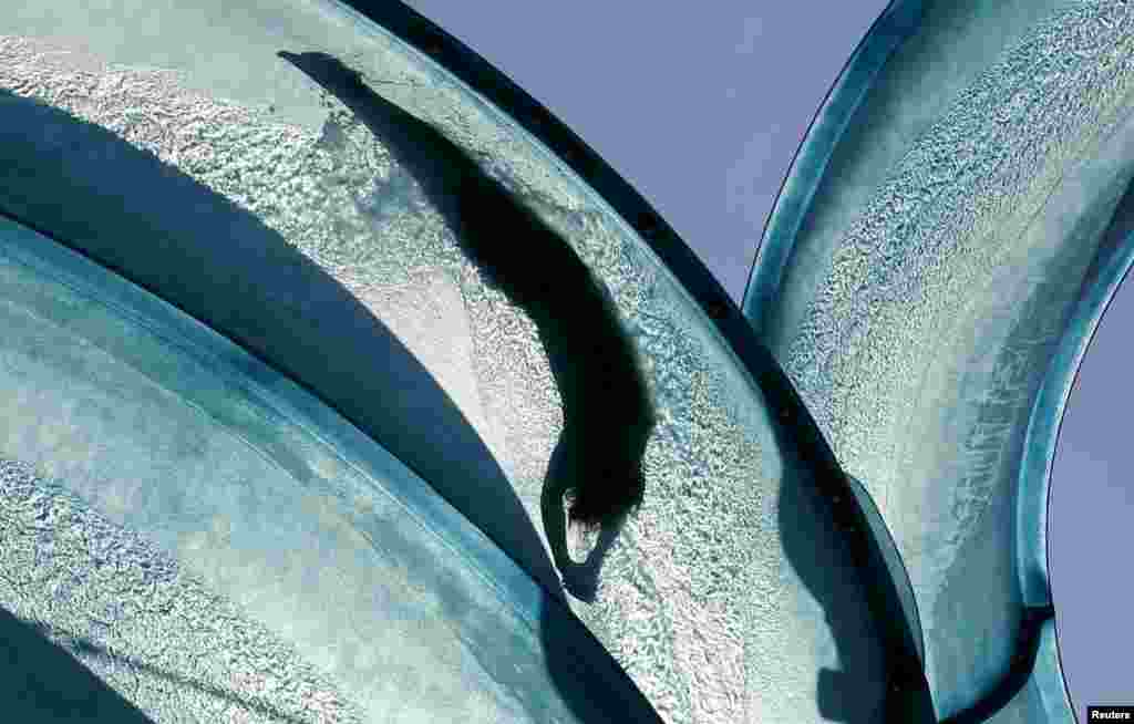 A visitor is silhouetted as she slides down a huge water pipe at a public swimming pool on a hot sunny day in Vienna, Austria.