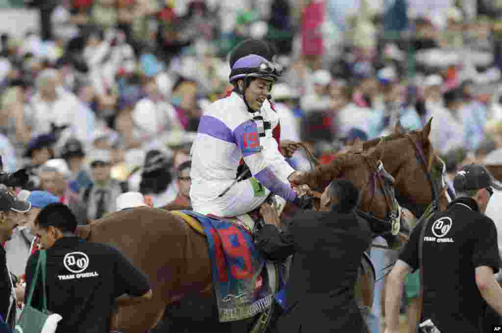 El regreso al patio de los ganadores del jockey Mario Guti&eacute;rrez con el potro ganador "I'll Have Another", fue un momento de mucha emoci&oacute;n en el momento de Churchill Downs en Kentucky. (AP Photo/David J. Phillip)