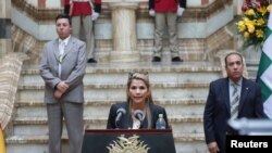 Bolivia's interim President Jeanine Anez speaks during a news conference at the presidential palace in La Paz, Nov. 14, 2019. 