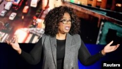 FILE - Oprah Winfrey talks on stage during a taping of her TV show in the Manhattan borough of New York City, New York, Feb. 5, 2019. 