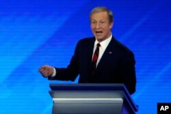 Businessman Tom Steyer speaks during a Democratic presidential primary debate, Feb. 7, 2020, at Saint Anselm College in Manchester, N.H.