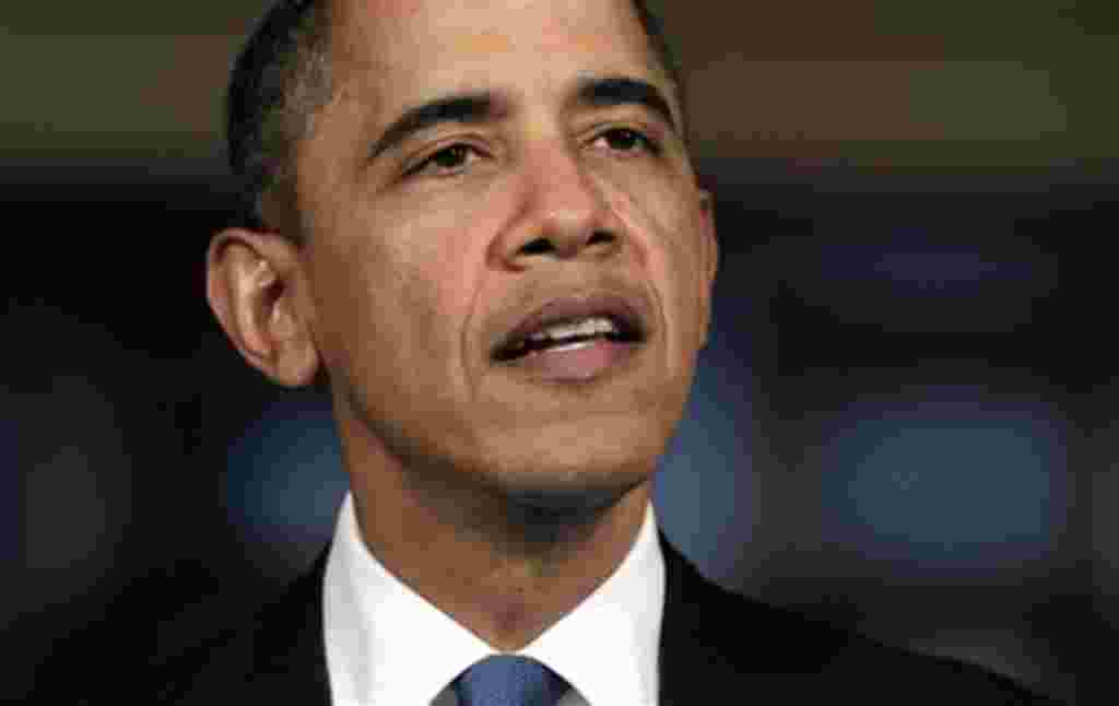President Barack Obama speaks about the situation in Libya in the Grand Foyer of the White House, February 23, 2011, in Washington.