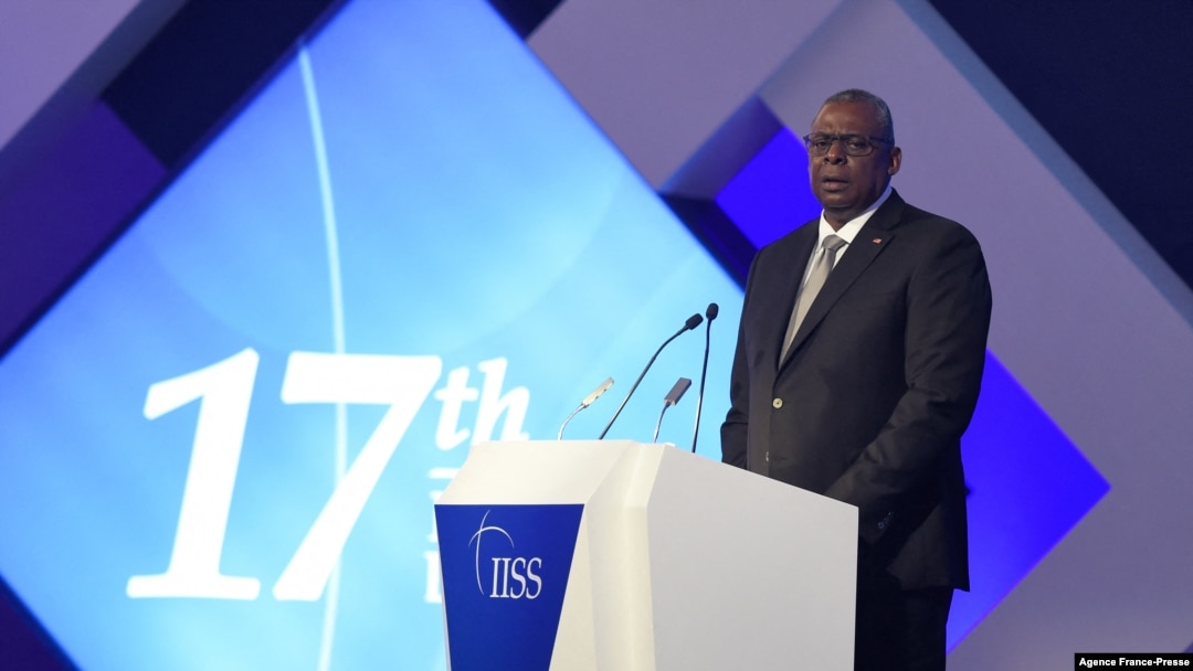 U.S. Secretary of Defense Lloyd Austin speaks during the 17th International Institute for Strategic Studies (IISS) Manama Dialogue in the Bahraini capital Manama, Nov. 20, 2021. 