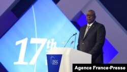 U.S. Secretary of Defense Lloyd Austin speaks during the 17th International Institute for Strategic Studies (IISS) Manama Dialogue in the Bahraini capital Manama, Nov. 20, 2021. 