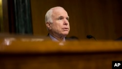 Senate Armed Services Committee Chairman Sen. John McCain questions U.S. Central Command Commander Gen. Lloyd Austin during the committee's hearing on U.S. military operations to counter the Islamic State, on Capitol Hill in Washington, Sept. 16, 2015.