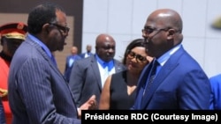 Le président Félix Tshisekedi, à droite, accompagné de son épouse salue son homologue namibien Hage Geingob, à Windhoek, Namibie, le 27 février 2019. (Présidence RDC)