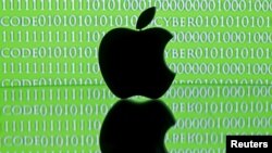 A 3-D printed Apple logo is seen in front of a displayed cyber code in this illustration taken Feb. 26, 2016. 