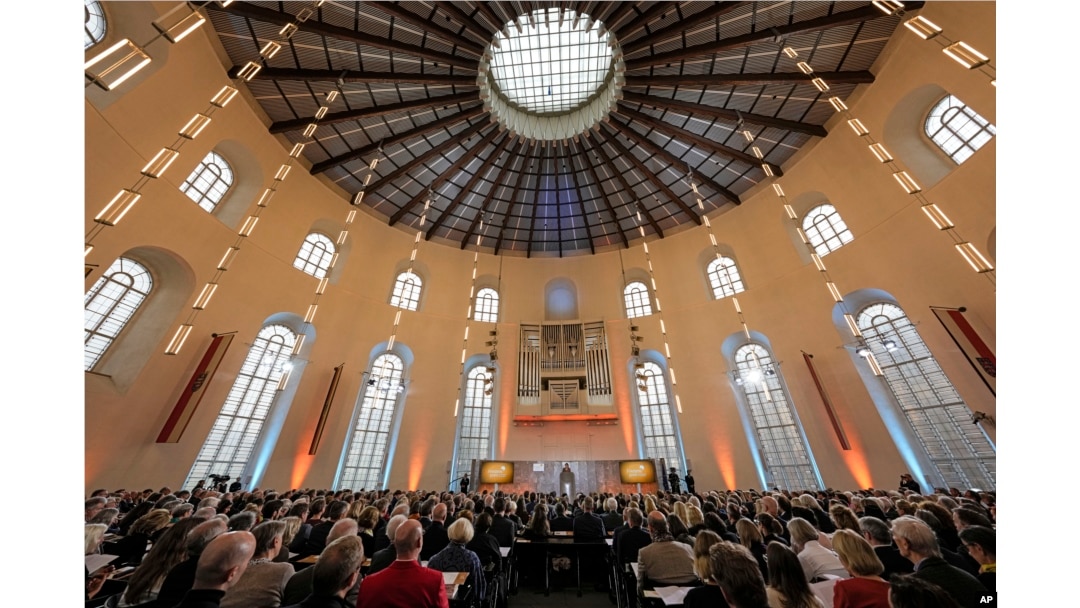 American journalist and historian Anne Applebaum delivers a speech after she was awarded the Peace Prize of the German Publishers and Booksellers Association during a ceremony in Frankfurt, Oct. 20, 2024.