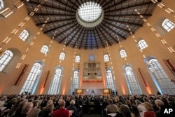 American journalist and historian Anne Applebaum delivers a speech after she was awarded the Peace Prize of the German Publishers and Booksellers Association during a ceremony in Frankfurt, Oct. 20, 2024.