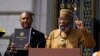 FILE —Rev. Amos Brown speaks during a rally in support of reparations for African Americans as Supervisor Shamann Walton, left, listens outside City Hall in San Francisco, on September 19, 2023. 