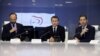 French President Emmanuel Macron (C) presides over an emergency crisis meeting with French Prime Minister Edouard Philippe (L) and French Interior Minister Christophe Castaner (R) at the Interior Ministry in Paris, late 16 March 2019. 