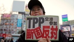 FILE - A protester holds a sign reading "We oppose Japan to join the TPP negotiation talks" during a rally against the Trans-Pacific Partnership in Tokyo. 