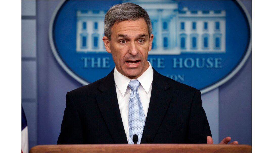 FILE - Acting director of U.S. Citizenship and Immigration Services Ken Cuccinelli speaks during a briefing at the White House in Washington, Aug. 12, 2019.