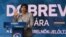 FILE - Klara Dobrev, candidate of the 'Democratic Coalition Party', gives a speech during the campaign closing session on Sept. 17, 2021 in Budapest.