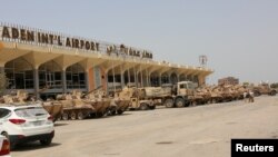 FILE - UAE military vehicles are seen at the international airport of the southern port city of Aden, Yemen.