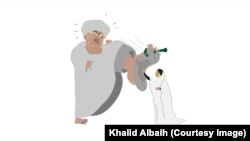 A political cartoon by Khalid Albaih depicts Sudanese protester Alaa Salah holding back an oversized version of Salah Abdallah Gosh, Sudan’s former head of intelligence.