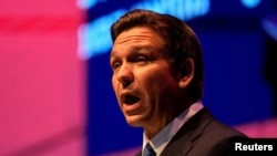 FILE - Florida Governor Ron DeSantis speaks during a conference at Jerusalem's Museum of Tolerance, April 27, 2023. 