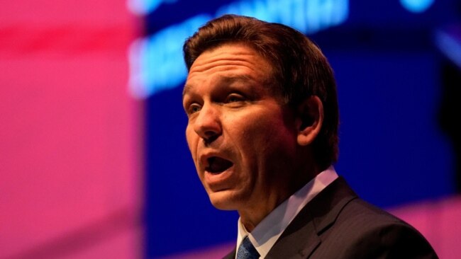 FILE - Florida Governor Ron DeSantis speaks during a conference at Jerusalem's Museum of Tolerance, April 27, 2023.