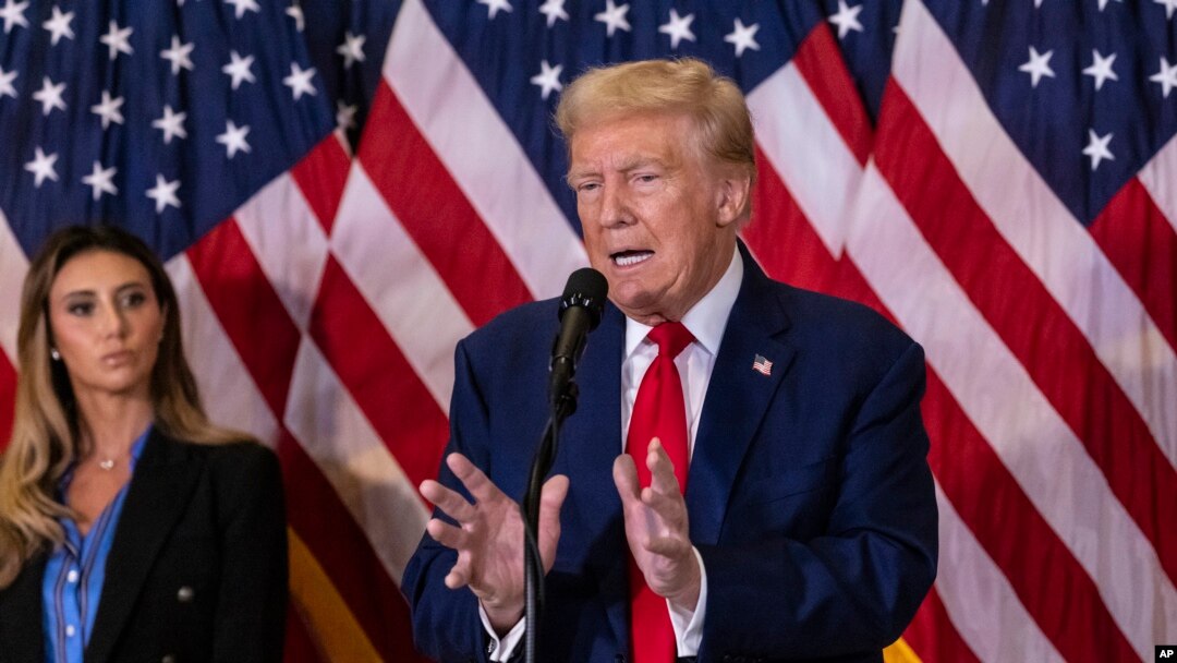 Republican presidential nominee former President Donald Trump speaks during a news conference held at Trump Tower in New York, Sept. 6, 2024. He left without taking any questions.