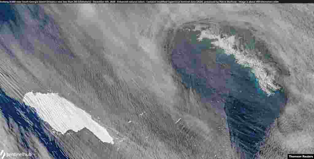 대형 빙산이 대서양 남쪽에 있는 영국의 사우스 조지아 섬을 향해 떠내려 가고 있는 모습이 위성사진에 포착됐다.