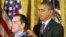President Barack Obama bestows the Medal of Honor on retired Staff Sgt. Clinton Romesha for conspicuous gallantry, Feb. 11, 2013, in the East Room of the White House.