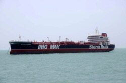 A British-flagged oil tanker Stena Impero which was seized by the Iran's Revolutionary Guard on Friday is photographed in the Iranian port of Bandar Abbas, Saturday, July 20, 2019.