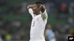 Le Ghanéen Asamoah Gyan rlors d'un match de la CAN au stade de Franceville, le 24 janvier 2012.