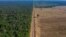 FILE - In this Nov. 25, 2019, photo, highway BR-163 stretches between the Tapajos National Forest, left, and a soy field in Belterra, Para state, Brazil. 
